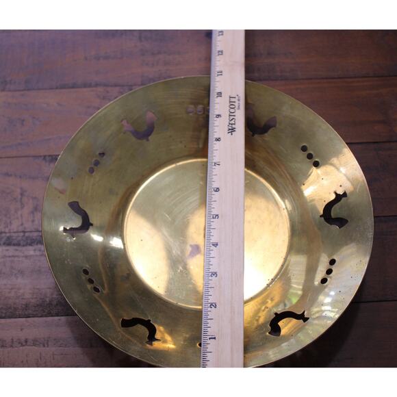 Vintage Round Brass Bowl with Cutout Rooster Chicken Design 11" Fruit Farmhouse - Picture 5 of 7